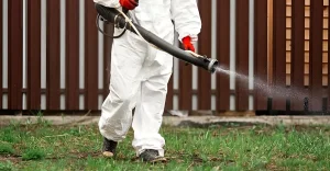 image of a man power spraying in lawn in hasmat suit