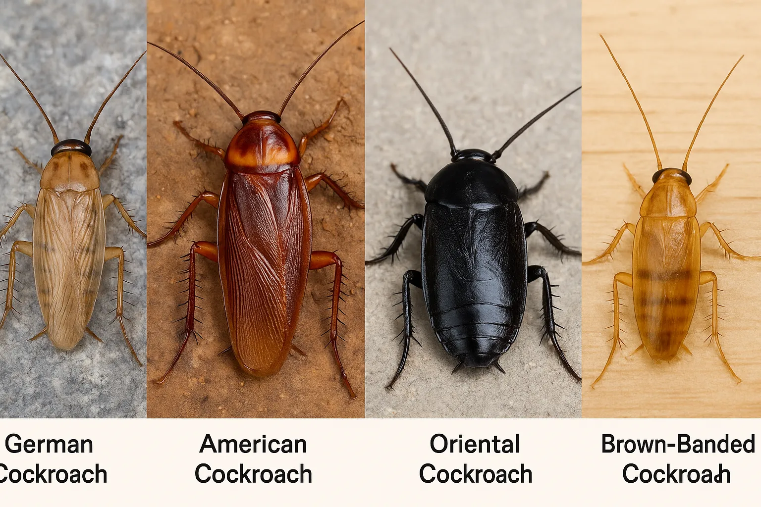 German Cockroaches, American Cockroaches, Oriental Cockroaches and Brown Banded Cockroaches are all common to Texas. In this photo we see the 4 compared.